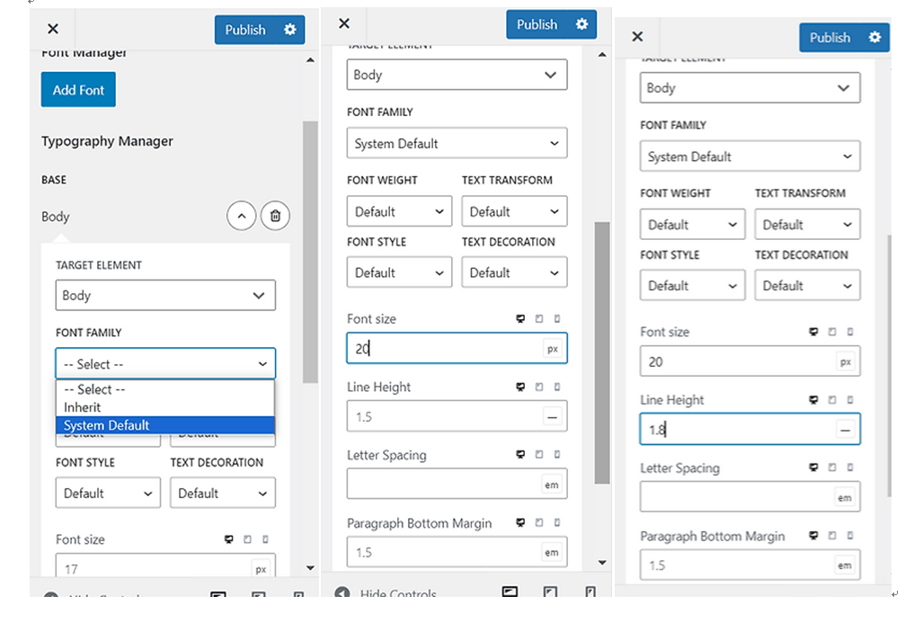 워드프레스 폰트 줄 간격 설정하는 화면