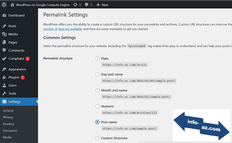 워드프레스 고유주소 설정 창